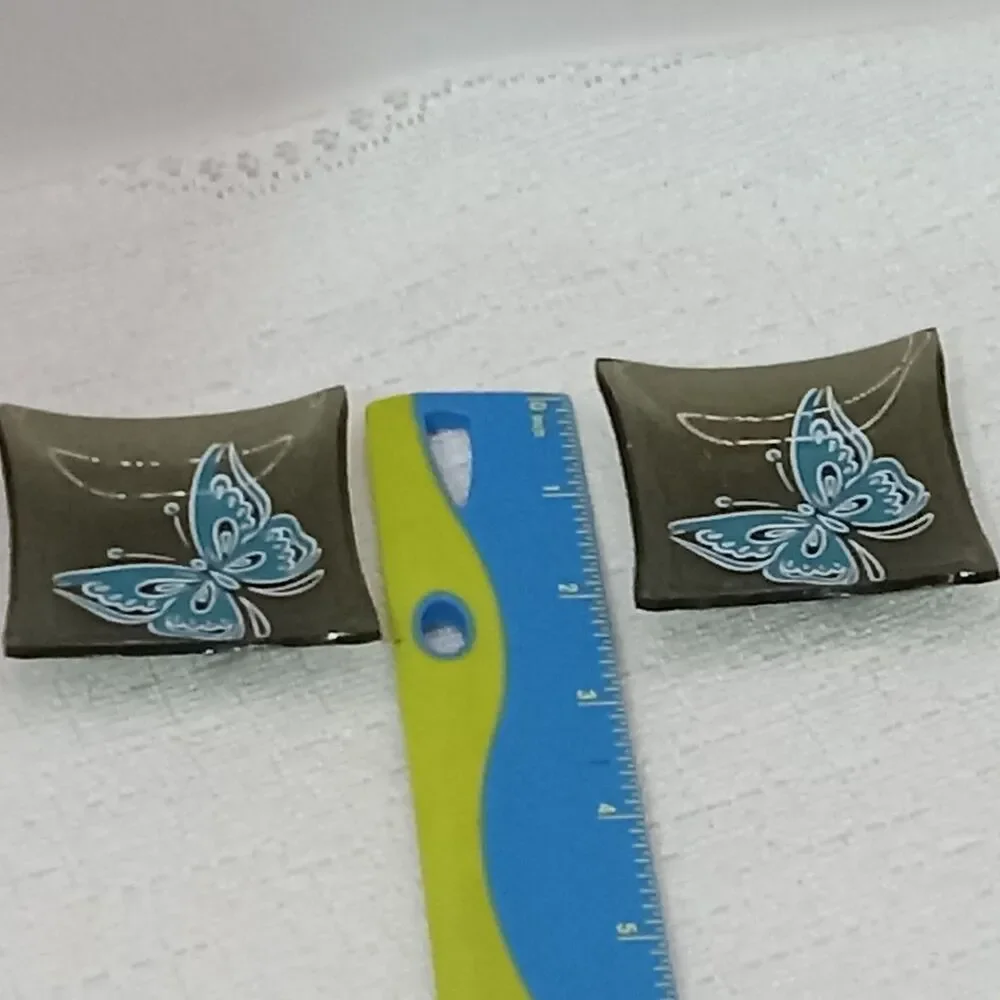 Black Glass Tea Bag Holder Blue Butterfly 2 Trinket Tray